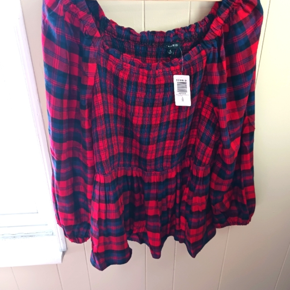 Red and Black Plaid Off-Shoulder Top